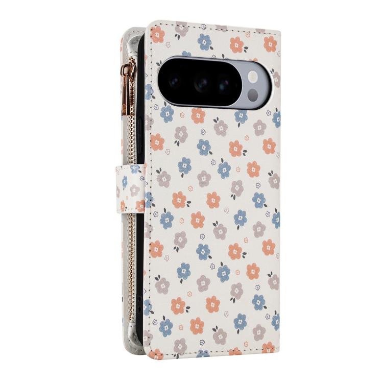 For Google Pixel 10 Pro XL / 9 Pro XL Flower Pattern Zipper Wallet Vegan Leather Phone Case with Lanyard