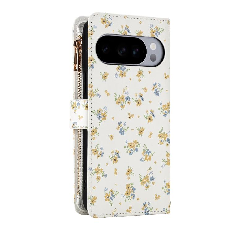 For Google Pixel 10 Pro XL / 9 Pro XL Flower Pattern Zipper Wallet Vegan Leather Phone Case with Lanyard
