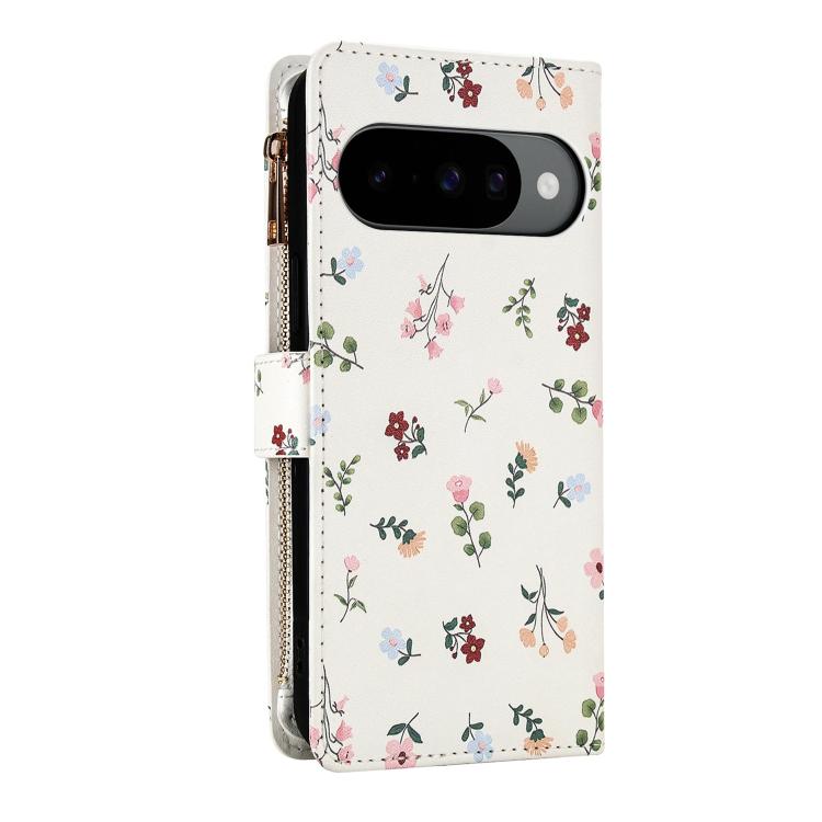 For Google Pixel 10 / 10 Pro / 9 / 9 Pro Flower Pattern Zipper Wallet Vegan Leather Phone Case with Lanyard