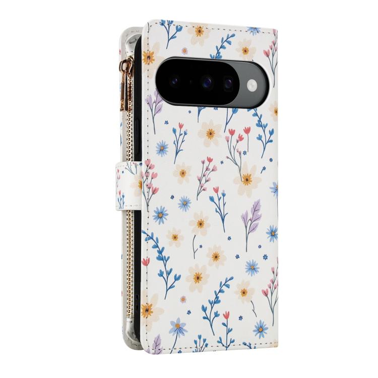 For Google Pixel 10 / 10 Pro / 9 / 9 Pro Flower Pattern Zipper Wallet Vegan Leather Phone Case with Lanyard