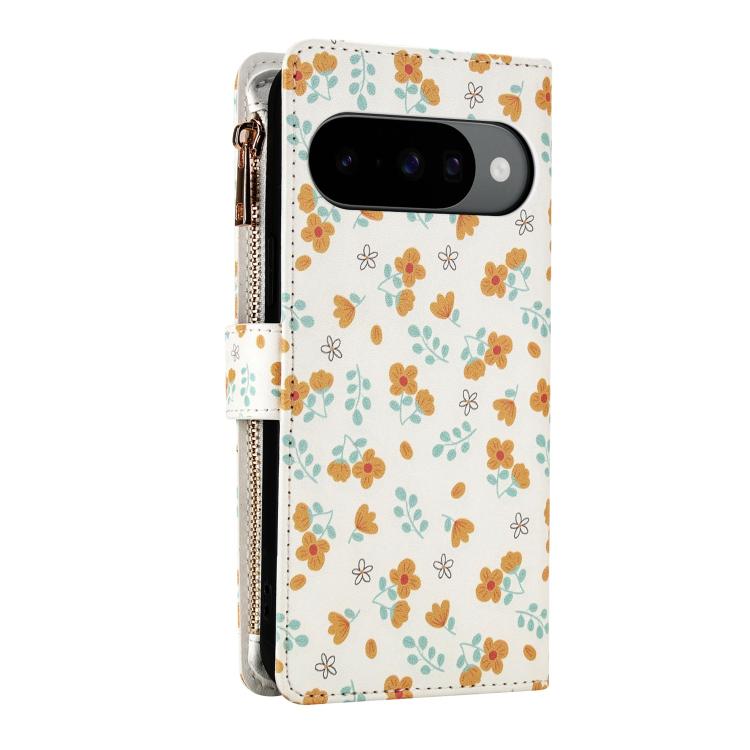 For Google Pixel 10 / 10 Pro / 9 / 9 Pro Flower Pattern Zipper Wallet Vegan Leather Phone Case with Lanyard