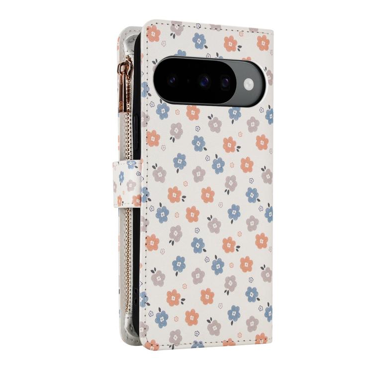 For Google Pixel 10 / 10 Pro / 9 / 9 Pro Flower Pattern Zipper Wallet Vegan Leather Phone Case with Lanyard