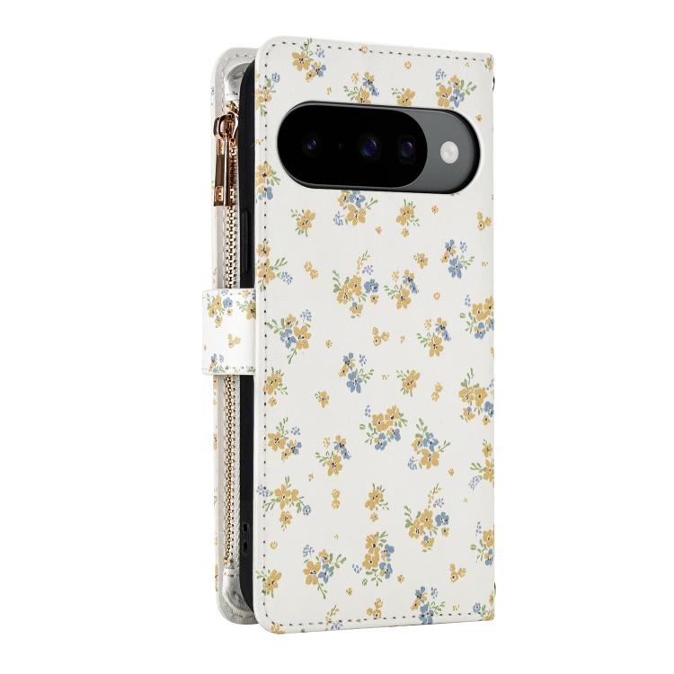 For Google Pixel 10 / 10 Pro / 9 / 9 Pro Flower Pattern Zipper Wallet Vegan Leather Phone Case with Lanyard