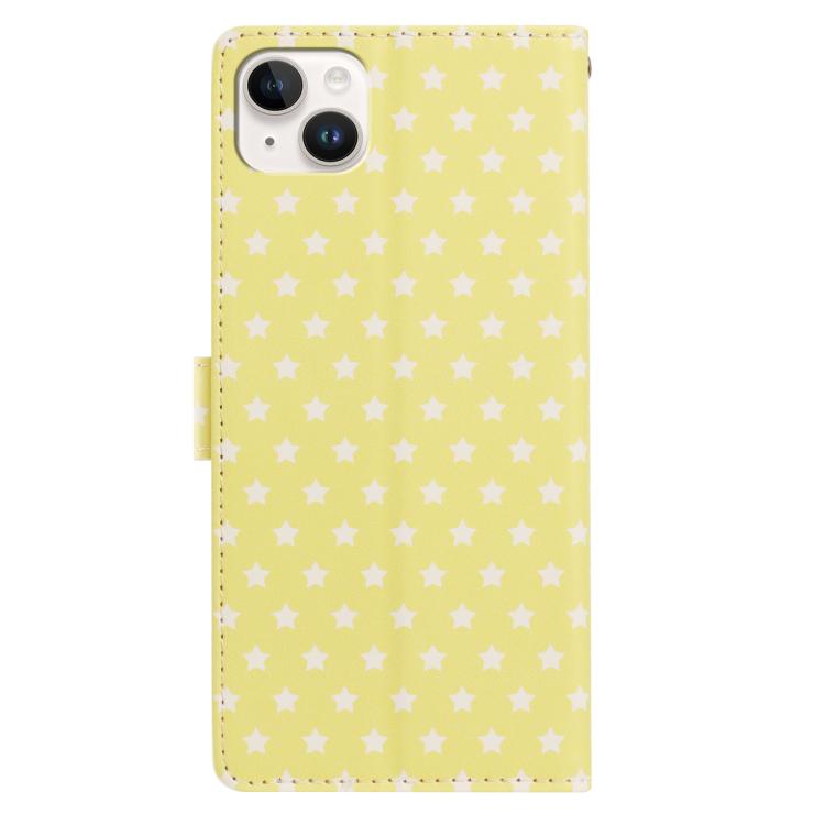 For iPhone 13 Star Pattern Magnetic Buckle Vegan Leather Phone Case with Wrist Strap
