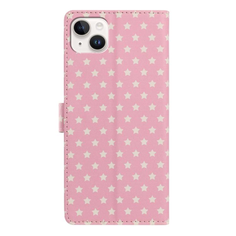 For iPhone 15 Plus Star Pattern Magnetic Buckle Vegan Leather Phone Case with Wrist Strap