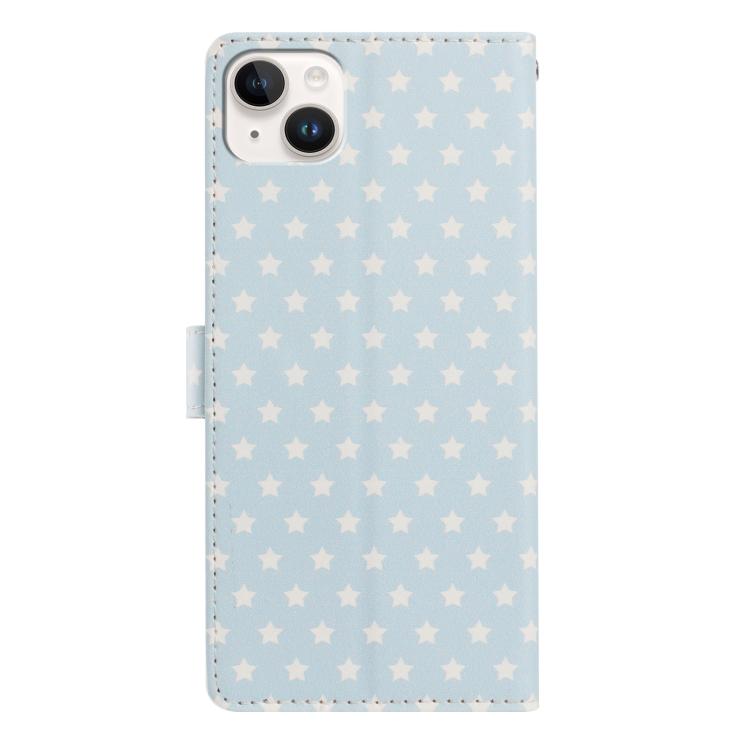 For iPhone 15 Plus Star Pattern Magnetic Buckle Vegan Leather Phone Case with Wrist Strap