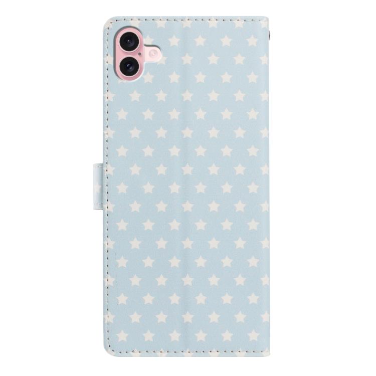 For iPhone 16 Plus Star Pattern Magnetic Buckle Vegan Leather Phone Case with Wrist Strap