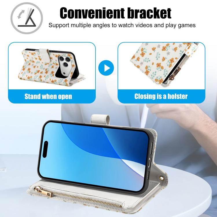 For iPhone 17 Pro Max Flower Pattern Zipper Wallet Vegan Leather Phone Case with Lanyard