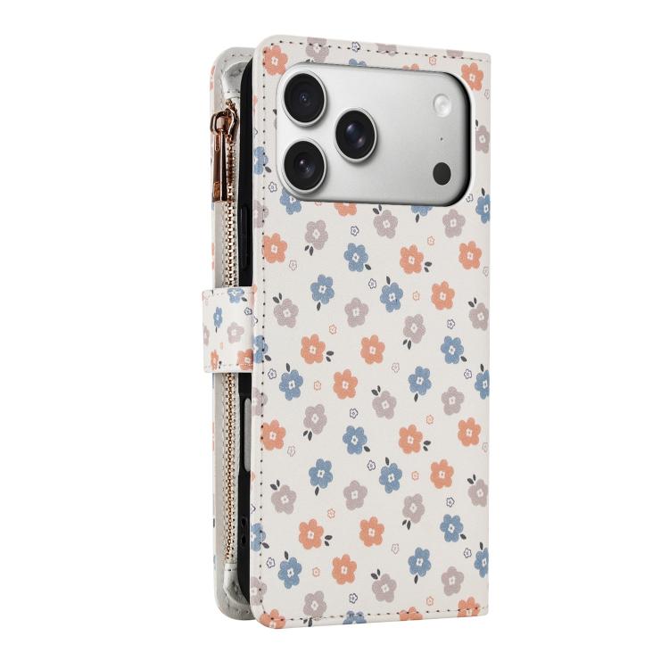 For iPhone 17 Pro Max Flower Pattern Zipper Wallet Vegan Leather Phone Case with Lanyard