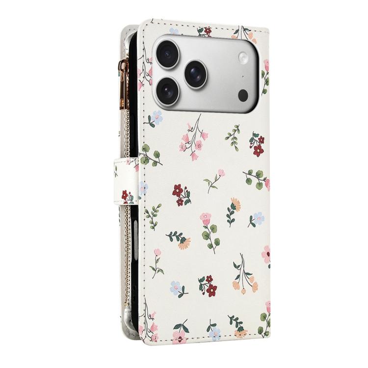 For iPhone 17 Pro Flower Pattern Zipper Wallet Vegan Leather Phone Case with Lanyard