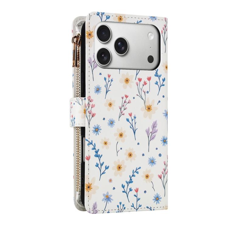 For iPhone 17 Pro Flower Pattern Zipper Wallet Vegan Leather Phone Case with Lanyard