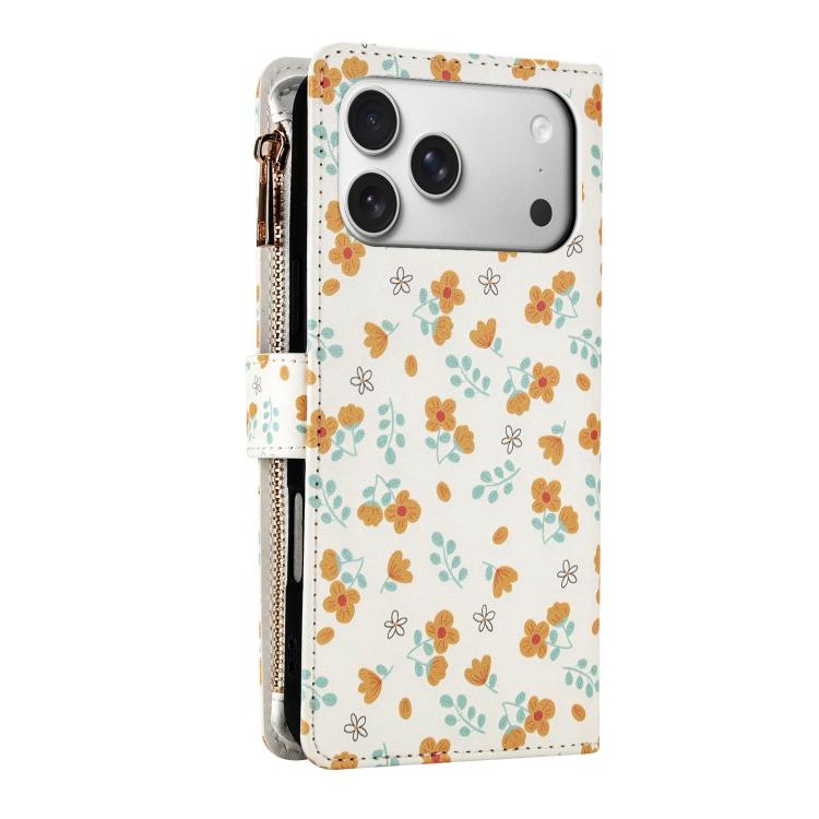 For iPhone 17 Pro Flower Pattern Zipper Wallet Vegan Leather Phone Case with Lanyard