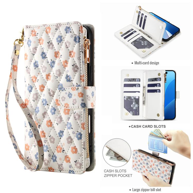 For iPhone 17 Pro Flower Pattern Zipper Wallet Vegan Leather Phone Case with Lanyard