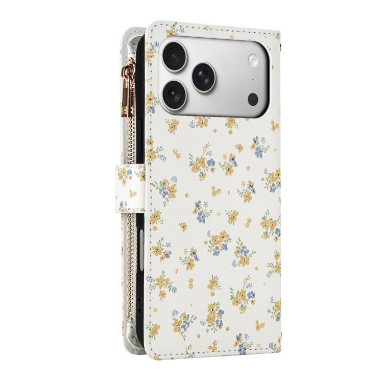 For iPhone 17 Pro Flower Pattern Zipper Wallet Vegan Leather Phone Case with Lanyard