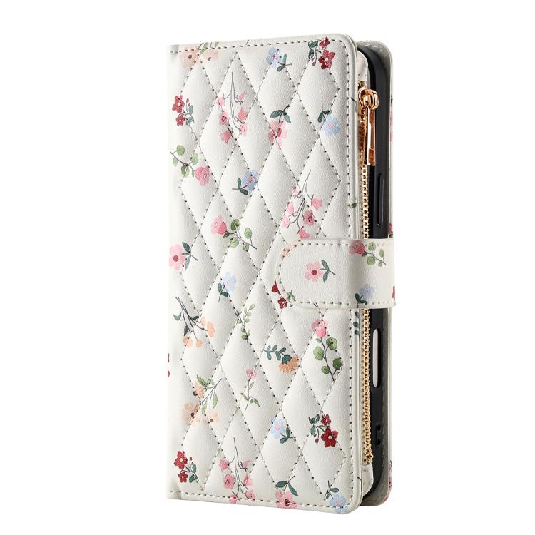 For iPhone 17 Flower Pattern Zipper Wallet Vegan Leather Phone Case with Lanyard