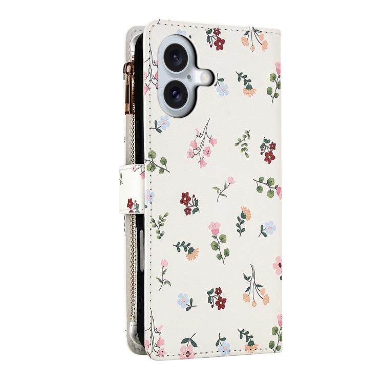 For iPhone 17 Flower Pattern Zipper Wallet Vegan Leather Phone Case with Lanyard