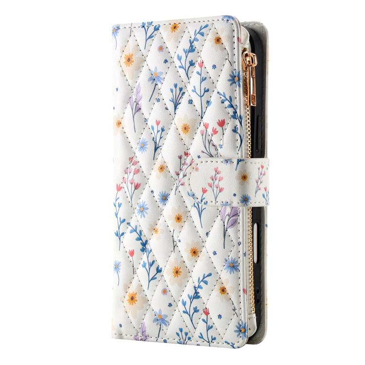 For iPhone 17 Flower Pattern Zipper Wallet Vegan Leather Phone Case with Lanyard