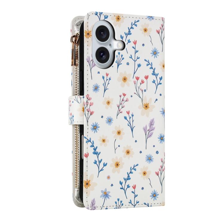 For iPhone 17 Flower Pattern Zipper Wallet Vegan Leather Phone Case with Lanyard