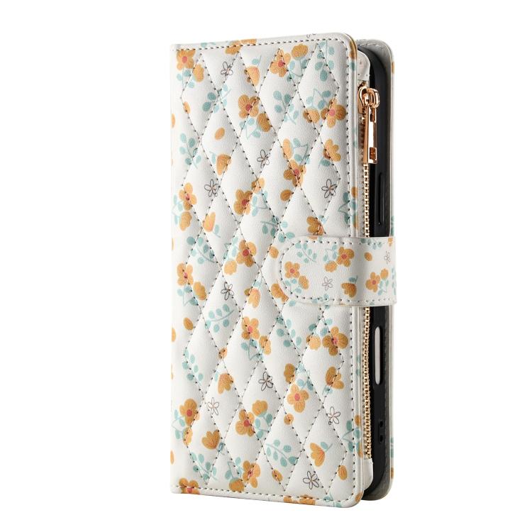 For iPhone 17 Flower Pattern Zipper Wallet Vegan Leather Phone Case with Lanyard