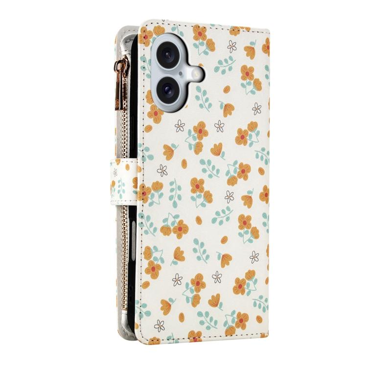 For iPhone 17 Flower Pattern Zipper Wallet Vegan Leather Phone Case with Lanyard
