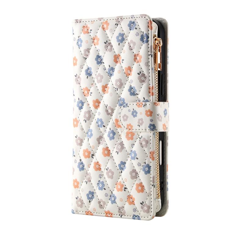 For iPhone 17 Flower Pattern Zipper Wallet Vegan Leather Phone Case with Lanyard