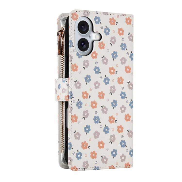 For iPhone 17 Flower Pattern Zipper Wallet Vegan Leather Phone Case with Lanyard
