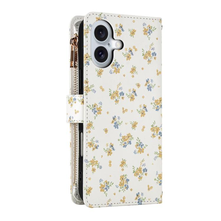 For iPhone 17 Flower Pattern Zipper Wallet Vegan Leather Phone Case with Lanyard