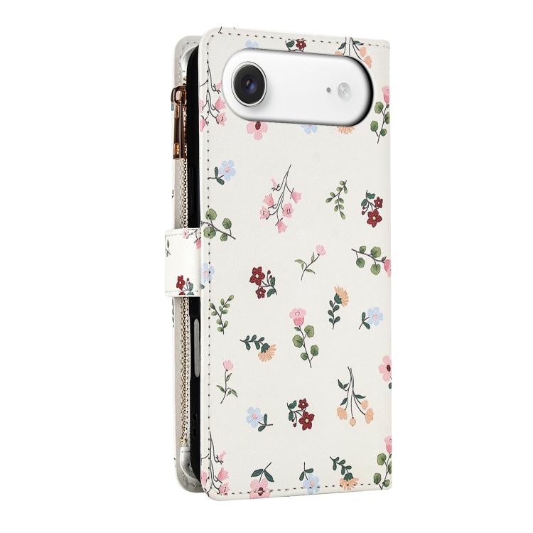 For iPhone Air Flower Pattern Zipper Wallet Vegan Leather Phone Case with Lanyard