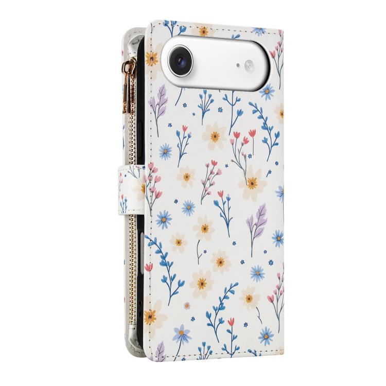 For iPhone Air Flower Pattern Zipper Wallet Vegan Leather Phone Case with Lanyard