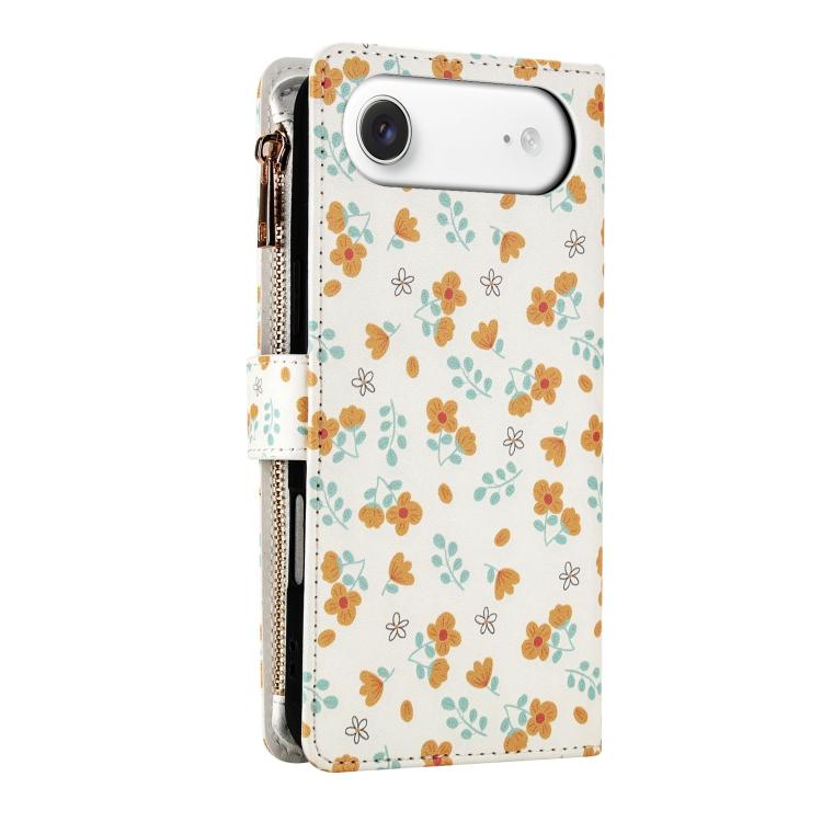 For iPhone Air Flower Pattern Zipper Wallet Vegan Leather Phone Case with Lanyard