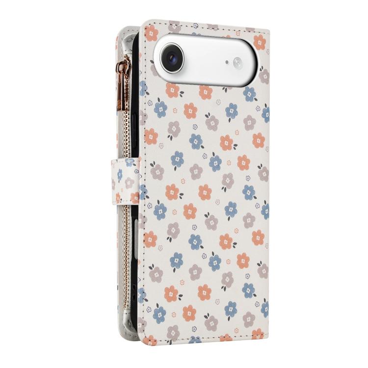 For iPhone Air Flower Pattern Zipper Wallet Vegan Leather Phone Case with Lanyard