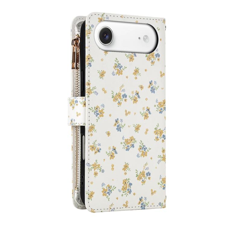For iPhone Air Flower Pattern Zipper Wallet Vegan Leather Phone Case with Lanyard