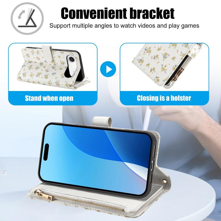 For iPhone Air Flower Pattern Zipper Wallet Vegan Leather Phone Case with Lanyard