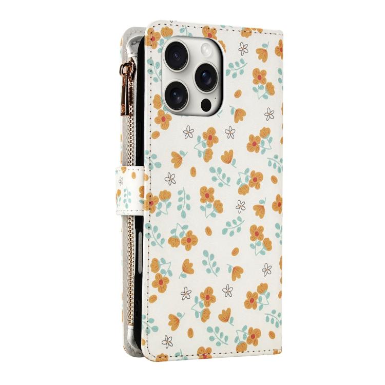 For iPhone 15 Pro Max Flower Pattern Zipper Wallet Vegan Leather Phone Case with Lanyard