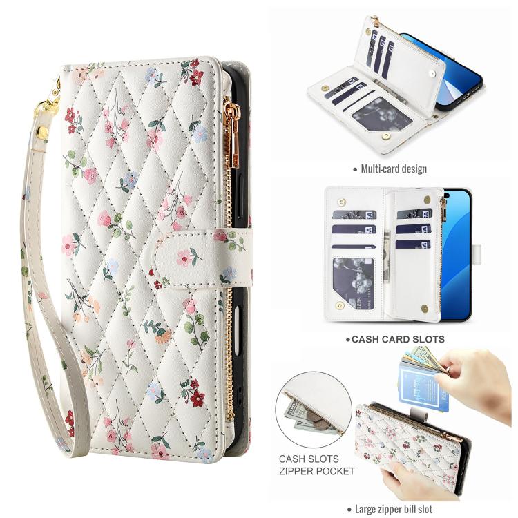 For iPhone 15 Pro Flower Pattern Zipper Wallet Vegan Leather Phone Case with Lanyard