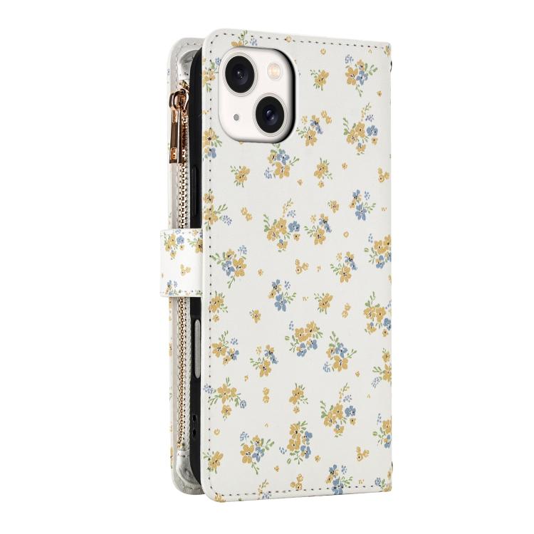 For iPhone 15 Plus Flower Pattern Zipper Wallet Vegan Leather Phone Case with Lanyard