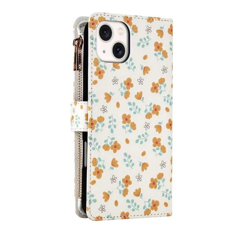 For iPhone 15 Flower Pattern Zipper Wallet Vegan Leather Phone Case with Lanyard