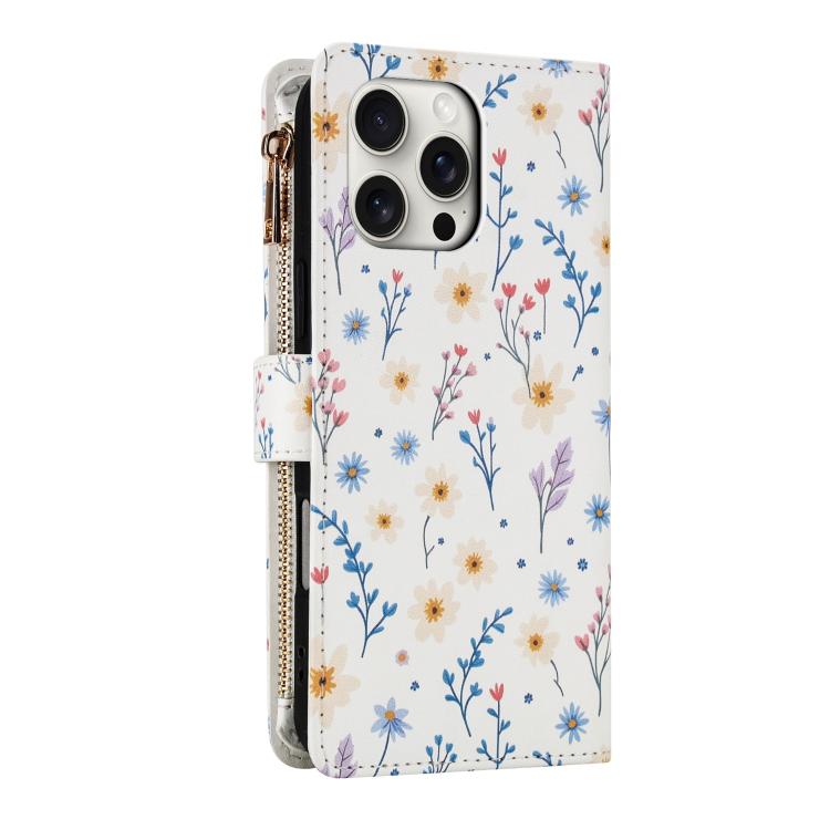 For iPhone 14 Pro Max Flower Pattern Zipper Wallet Vegan Leather Phone Case with Lanyard