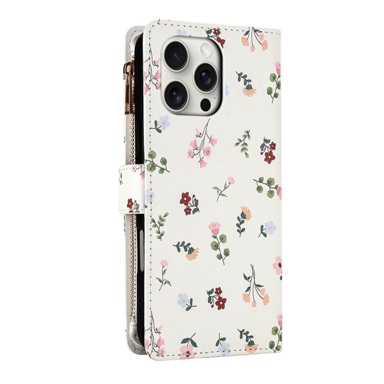 For iPhone 14 Pro Flower Pattern Zipper Wallet Vegan Leather Phone Case with Lanyard
