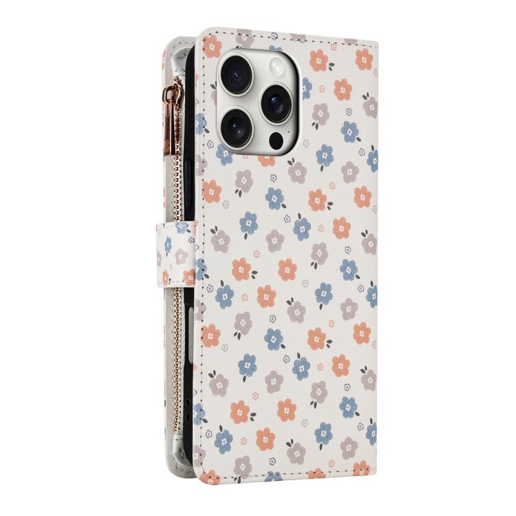 For iPhone 14 Pro Flower Pattern Zipper Wallet Vegan Leather Phone Case with Lanyard