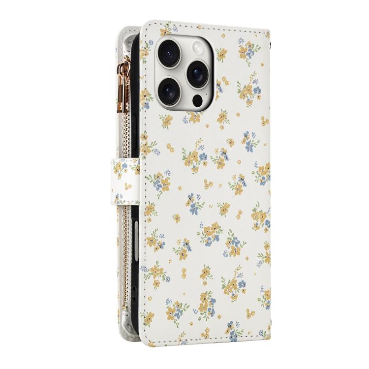 For iPhone 14 Pro Flower Pattern Zipper Wallet Vegan Leather Phone Case with Lanyard
