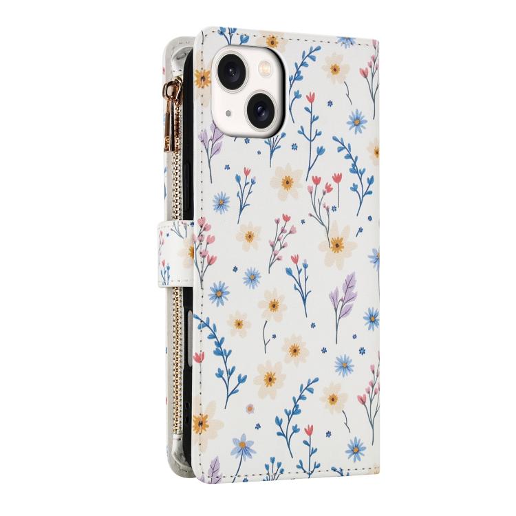 For iPhone 14 / 13 Flower Pattern Zipper Wallet Vegan Leather Phone Case with Lanyard