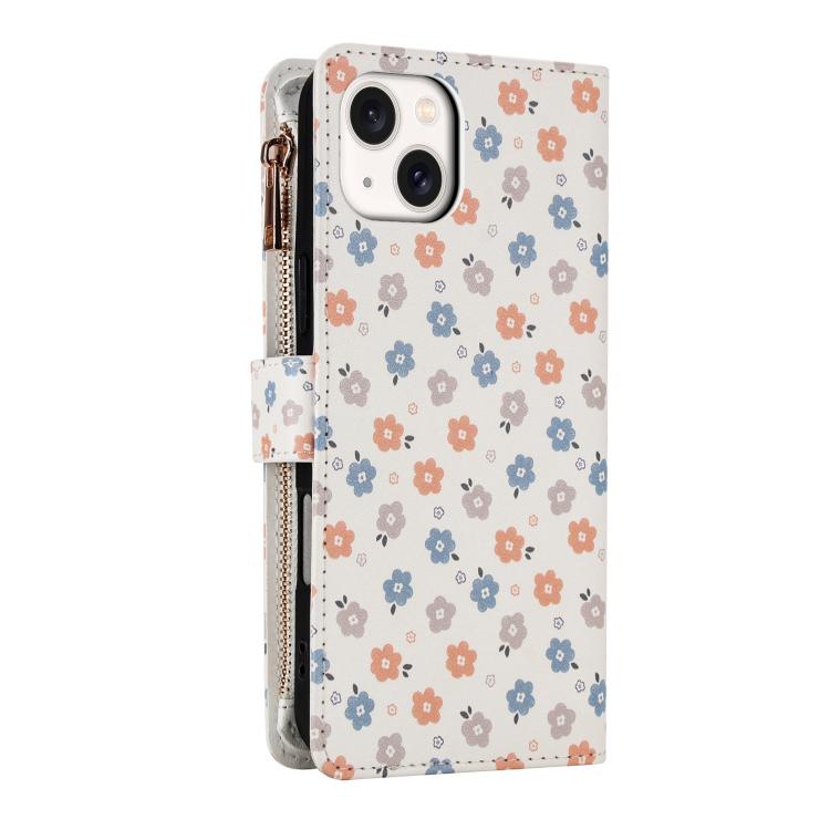 For iPhone 14 / 13 Flower Pattern Zipper Wallet Vegan Leather Phone Case with Lanyard
