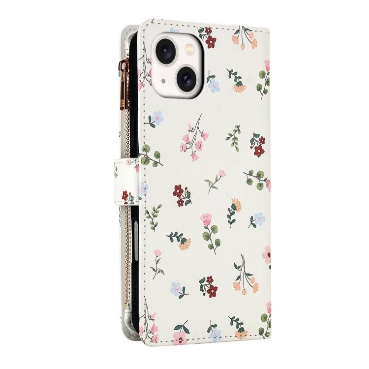 For iPhone 14 Plus Flower Pattern Zipper Wallet Vegan Leather Phone Case with Lanyard