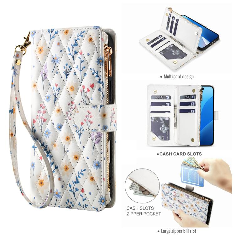 For iPhone 14 Plus Flower Pattern Zipper Wallet Vegan Leather Phone Case with Lanyard