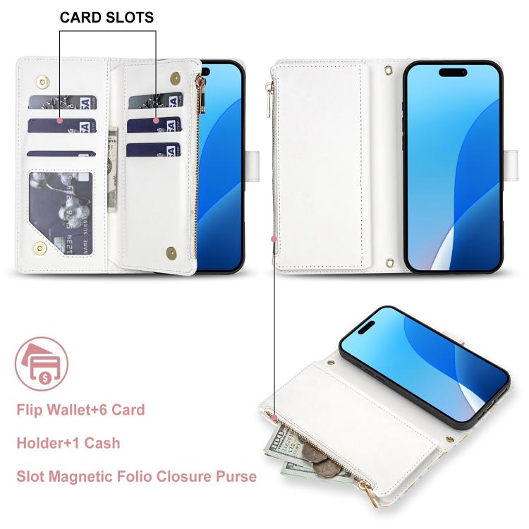 For iPhone 14 Plus Flower Pattern Zipper Wallet Vegan Leather Phone Case with Lanyard