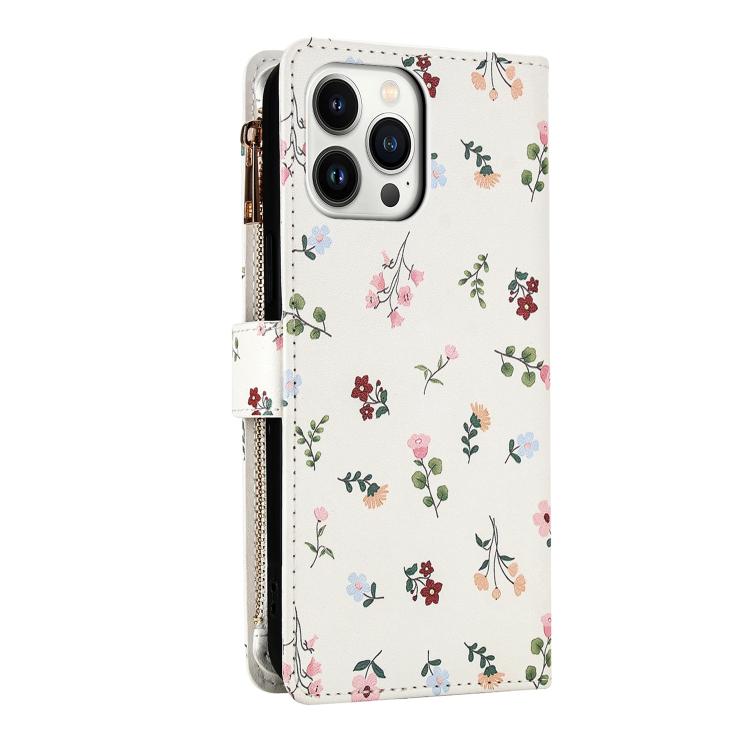 For iPhone 13 Pro Max Flower Pattern Zipper Wallet Vegan Leather Phone Case with Lanyard