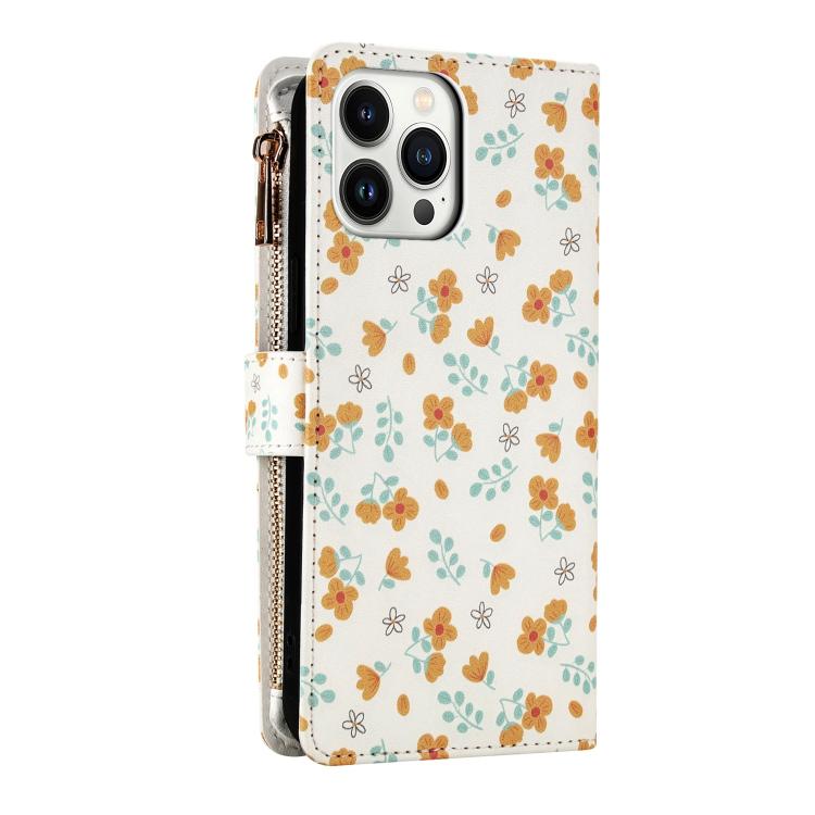 For iPhone 13 Pro Max Flower Pattern Zipper Wallet Vegan Leather Phone Case with Lanyard