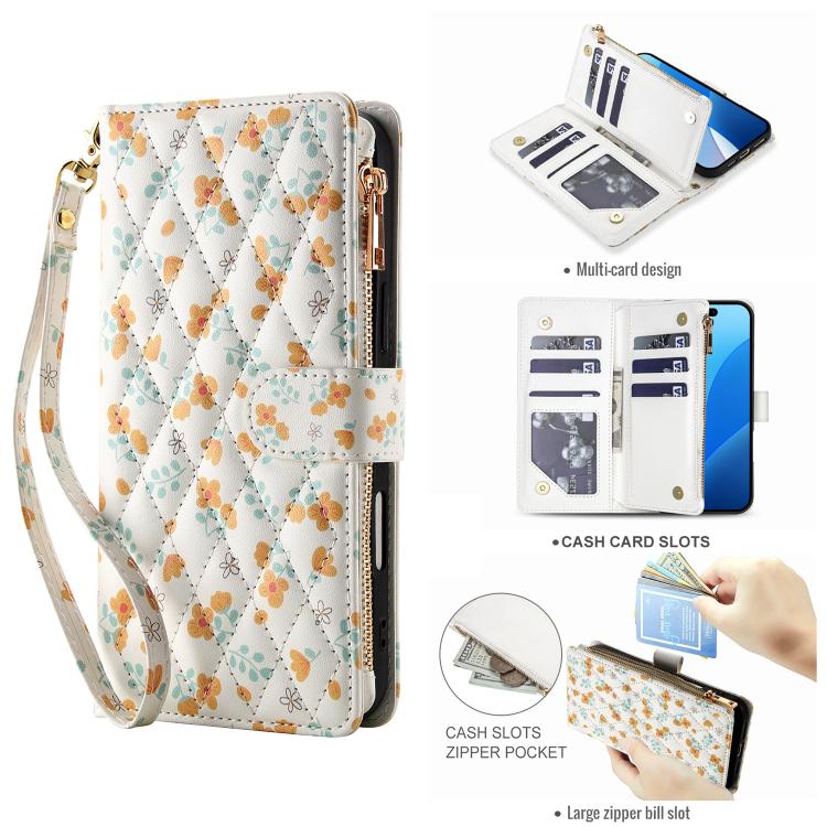 For iPhone 13 Pro Flower Pattern Zipper Wallet Vegan Leather Phone Case with Lanyard