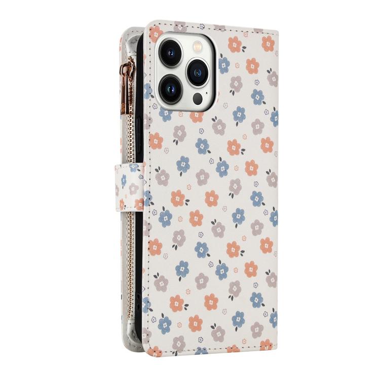 For iPhone 13 Pro Flower Pattern Zipper Wallet Vegan Leather Phone Case with Lanyard